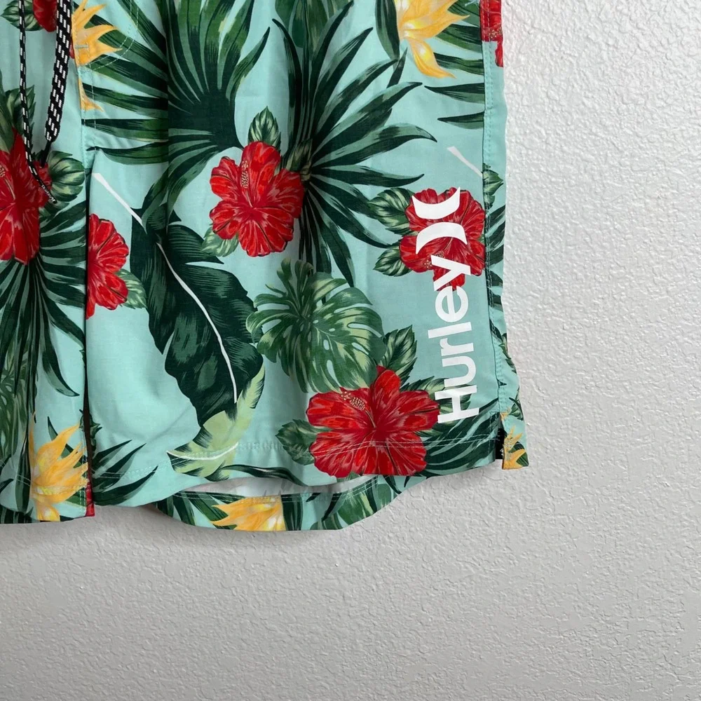 Hurley Mens XXL Tropical Floral Board Shorts Aqua Red Hibiscus Swim Trunks Lined